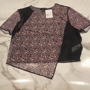 NWT - Forever 21+ Reworked Ditsy Floral Mesh Crop Tee, Black Multi - Sz 1X